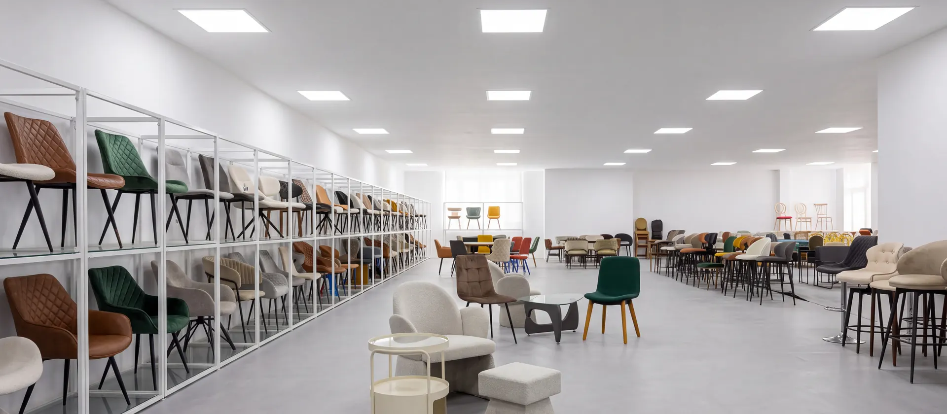 Easy Furniture showroom in Shengfang with a full display wall of dining chairs, banquet chairs and commercial seating